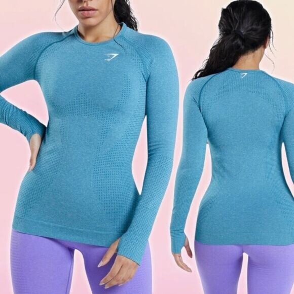 GYMSHARK Vital Seamless 2.0 Long Sleeve Top Sz Small Tahoe Teal Marl - Picture 1 of 6